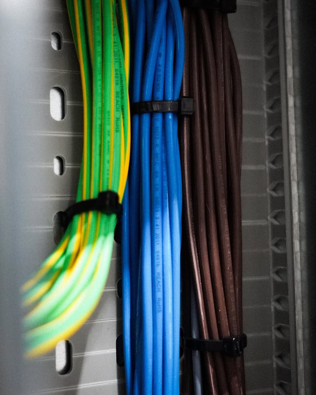 Neatly dressed and cable-tied earth, neutral and live conductors inside distribution board