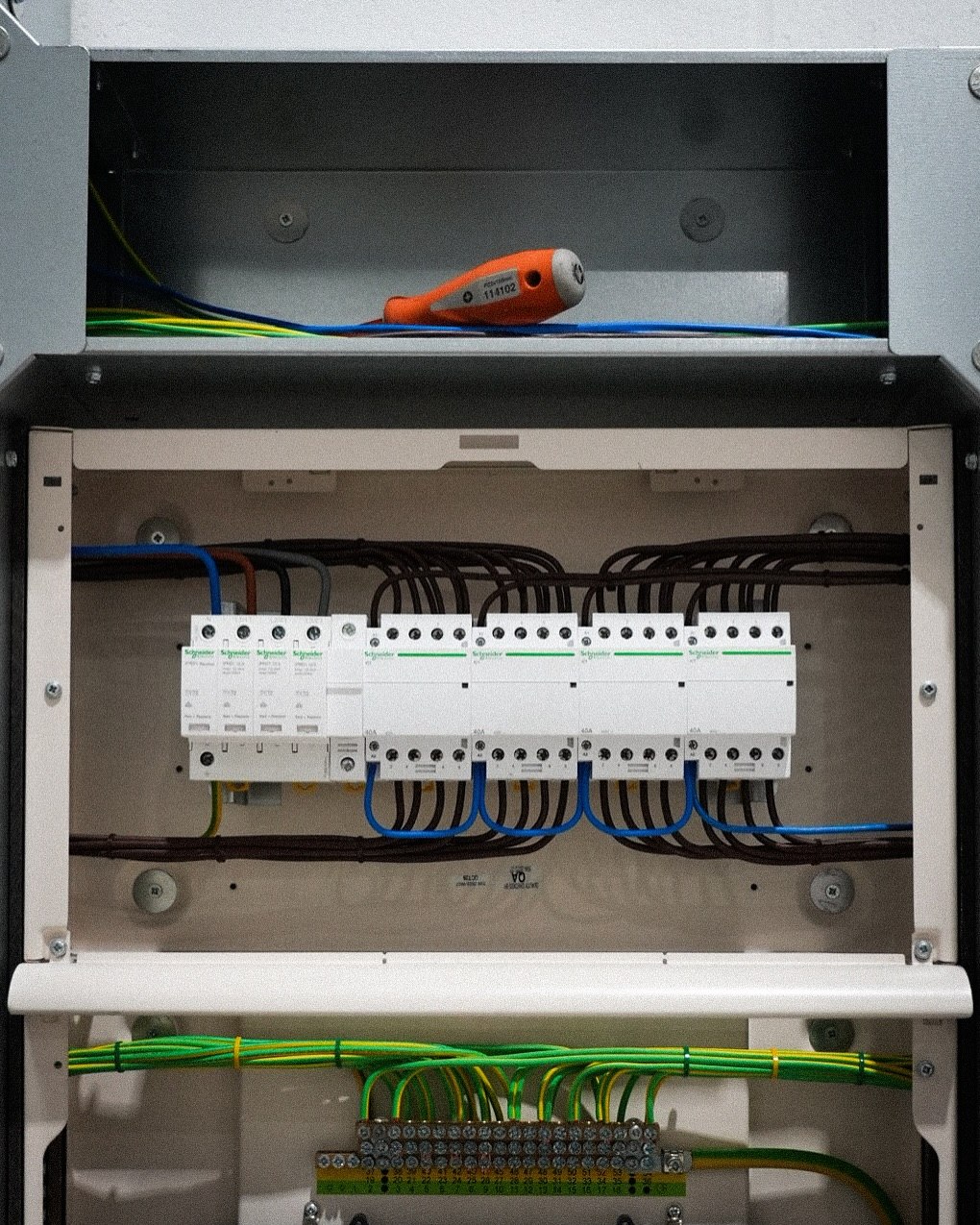 Schneider Electric iCT contactors and SPD surge protection wired inside distribution board