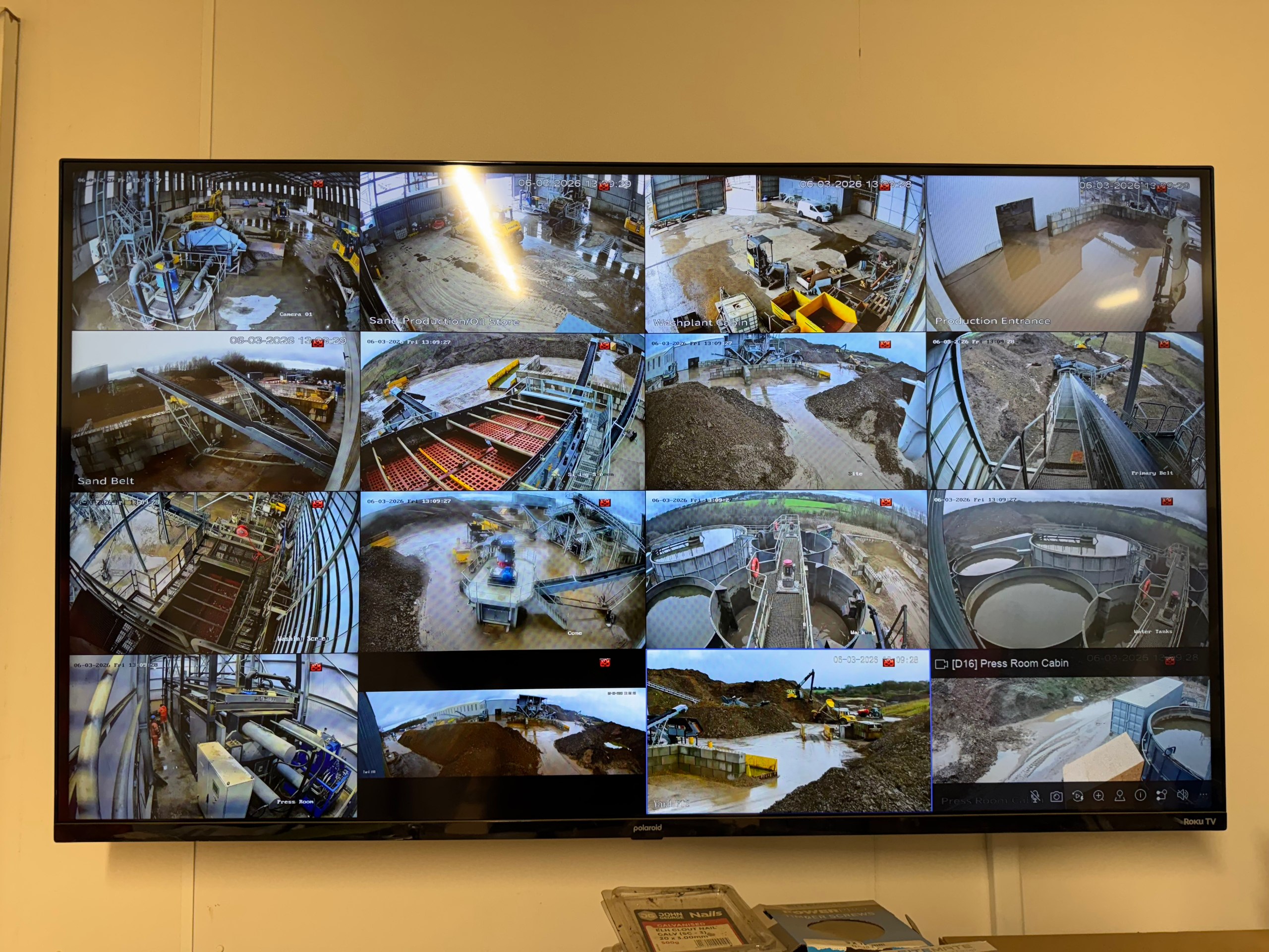 Control room monitor showing 12-camera CCTV grid  -  Trafford Park